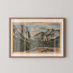 Vintage landscape postcard print of the iconic Wawona Tunnel overlook, framing Yosemite Valley, El Capitan, and Half Dome in the distance, Yosemite National Park. Printed as a giclée fine art print on archival matte paper.