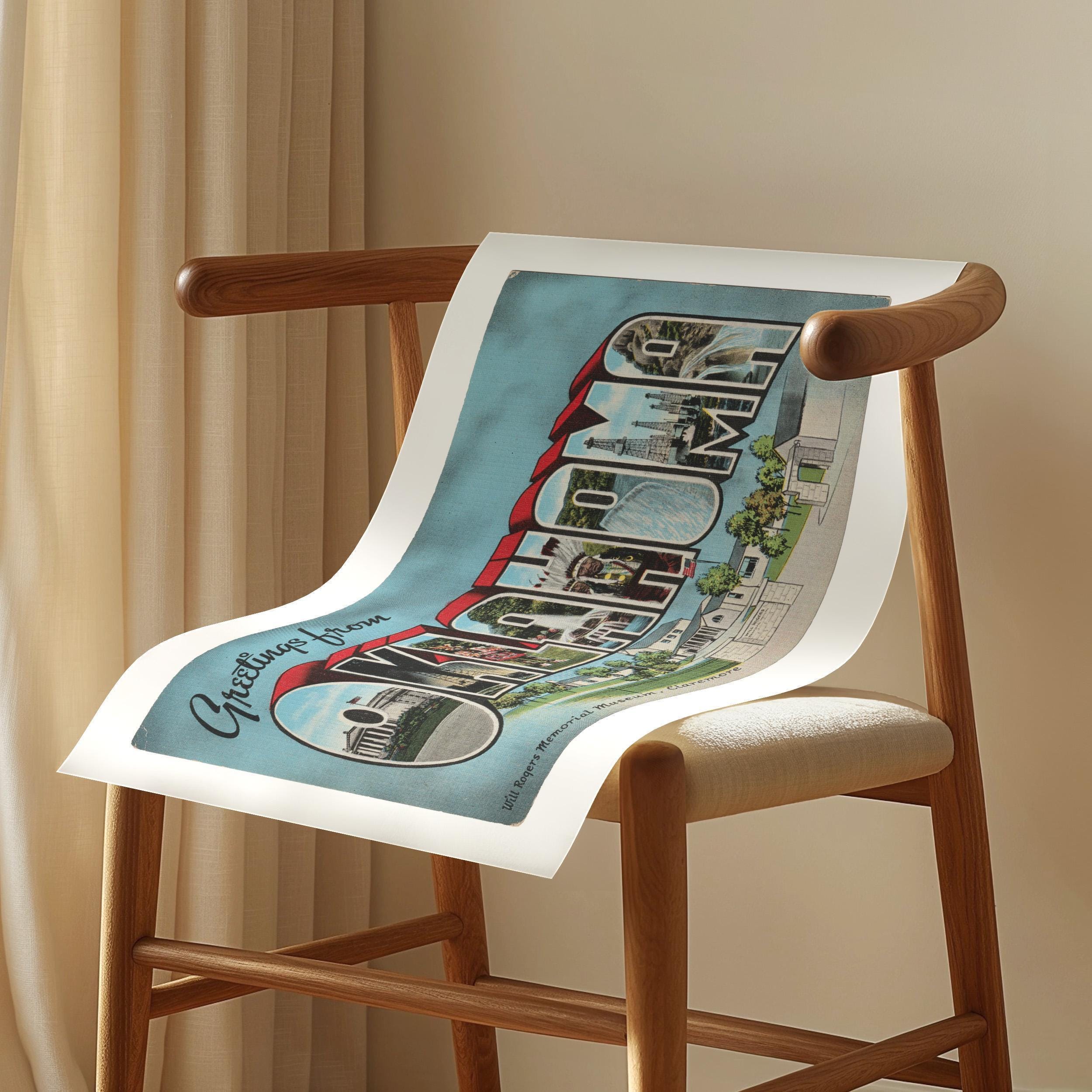 Vintage "Greetings from Oklahoma" large letter postcard print, with oversized vintage-style block letters spelling OKLAHOMA filled with nostalgic scenic snapshots, celebrating Oklahoma as a U.S. state travel keepsake. Printed as a giclée fine art print on archival matte paper.