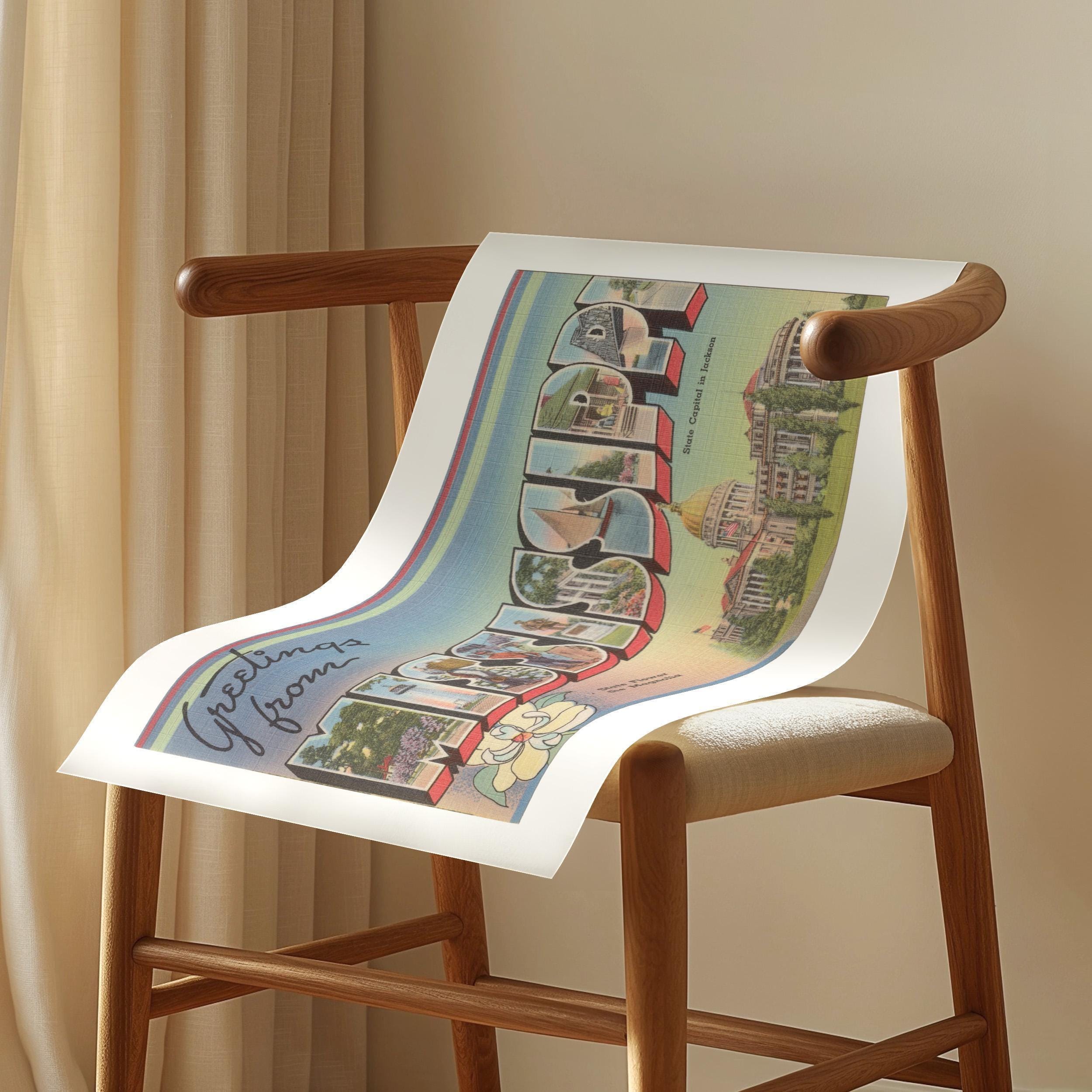 Vintage "Greetings from Mississippi" large letter postcard print, with oversized vintage-style block letters spelling MISSISSIPPI filled with nostalgic scenic snapshots, celebrating Mississippi as a U.S. state travel keepsake. Printed as a giclée fine art print on archival matte paper.
