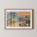 Vintage "Greetings from Connecticut" large letter postcard print, with oversized vintage-style block letters spelling CONNECTICUT filled with nostalgic scenic snapshots, celebrating Connecticut as a U.S. state travel keepsake. Printed as a giclée fine art print on archival matte paper.