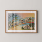 Vintage "Greetings from Connecticut" large letter postcard print, with oversized vintage-style block letters spelling CONNECTICUT filled with nostalgic scenic snapshots, celebrating Connecticut as a U.S. state travel keepsake. Printed as a giclée fine art print on archival matte paper.