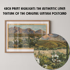 Vintage landscape postcard print of rugged desert mountains rising above a dry, sunlit valley. Printed as a giclée fine art print on archival matte paper.