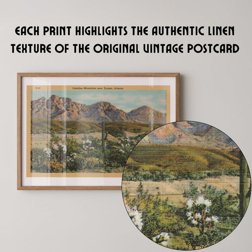 Vintage landscape postcard print of rugged desert mountains rising above a dry, sunlit valley. Printed as a giclée fine art print on archival matte paper.