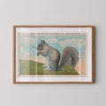 Vintage wildlife illustration postcard print of a squirrel perched among tree branches. Printed as a giclée fine art print on archival matte paper.