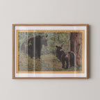 Vintage wildlife postcard print of black bears exploring a wooded forest setting. Printed as a giclée fine art print on archival matte paper.