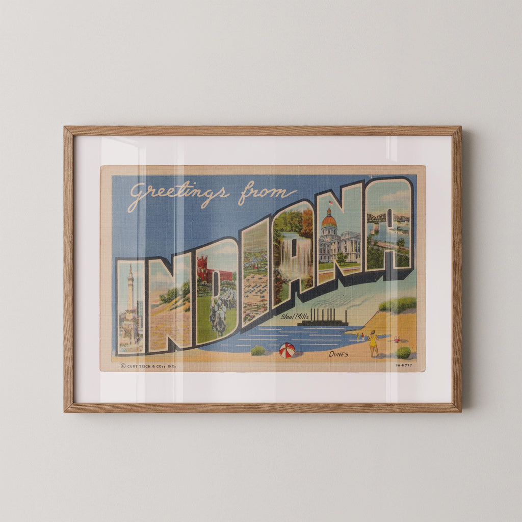 Vintage "Greetings from Indiana" large letter postcard print, with oversized vintage-style block letters spelling INDIANA filled with nostalgic scenic snapshots, celebrating Indiana as a U.S. state travel keepsake. Printed as a giclée fine art print on archival matte paper.