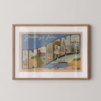 Vintage "Greetings from Indiana" large letter postcard print, with oversized vintage-style block letters spelling INDIANA filled with nostalgic scenic snapshots, celebrating Indiana as a U.S. state travel keepsake. Printed as a giclée fine art print on archival matte paper.