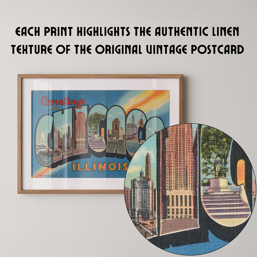 Vintage "Greetings from Chicago" large letter postcard print, with oversized vintage-style block letters spelling CHICAGO filled with nostalgic scenic snapshots, celebrating Chicago as a classic American city travel keepsake. Printed as a giclée fine art print on archival matte paper.