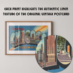 Vintage "Greetings from Chicago" large letter postcard print, with oversized vintage-style block letters spelling CHICAGO filled with nostalgic scenic snapshots, celebrating Chicago as a classic American city travel keepsake. Printed as a giclée fine art print on archival matte paper.