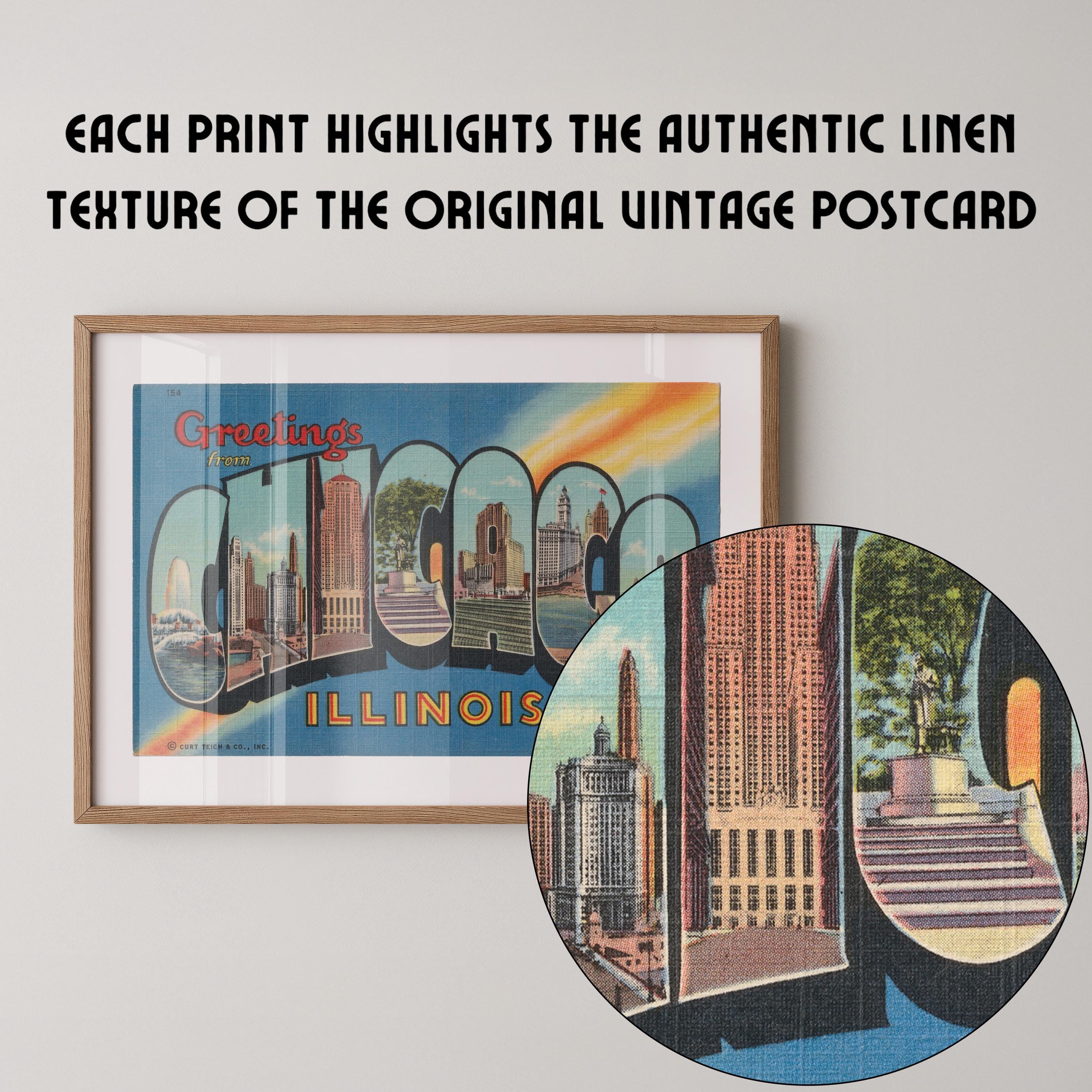 Vintage "Greetings from Chicago" large letter postcard print, with oversized vintage-style block letters spelling CHICAGO filled with nostalgic scenic snapshots, celebrating Chicago as a classic American city travel keepsake. Printed as a giclée fine art print on archival matte paper.