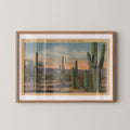 Vintage landscape postcard print of tall saguaro cacti standing against a desert Southwest backdrop. Printed as a giclée fine art print on archival matte paper.
