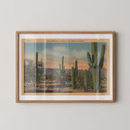 Vintage landscape postcard print of tall saguaro cacti standing against a desert Southwest backdrop. Printed as a giclée fine art print on archival matte paper.