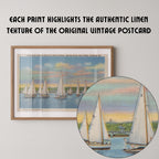 Vintage landscape postcard print of sailboats gliding across the Severn River in Annapolis, Maryland. Printed as a giclée fine art print on archival matte paper.