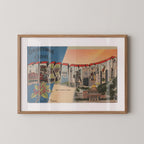 Vintage "Greetings from Massachusetts" large letter postcard print, with oversized vintage-style block letters spelling MASSACHUSETTS filled with nostalgic scenic snapshots, celebrating Massachusetts as a U.S. state travel keepsake. Printed as a giclée fine art print on archival matte paper.