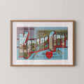 Vintage "Greetings from Kansas City" large letter postcard print, with oversized vintage-style block letters spelling KANSAS CITY filled with nostalgic scenic snapshots, celebrating Kansas City as a classic American city travel keepsake. Printed as a giclée fine art print on archival matte paper.
