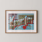Vintage "Greetings from Kansas City" large letter postcard print, with oversized vintage-style block letters spelling KANSAS CITY filled with nostalgic scenic snapshots, celebrating Kansas City as a classic American city travel keepsake. Printed as a giclée fine art print on archival matte paper.