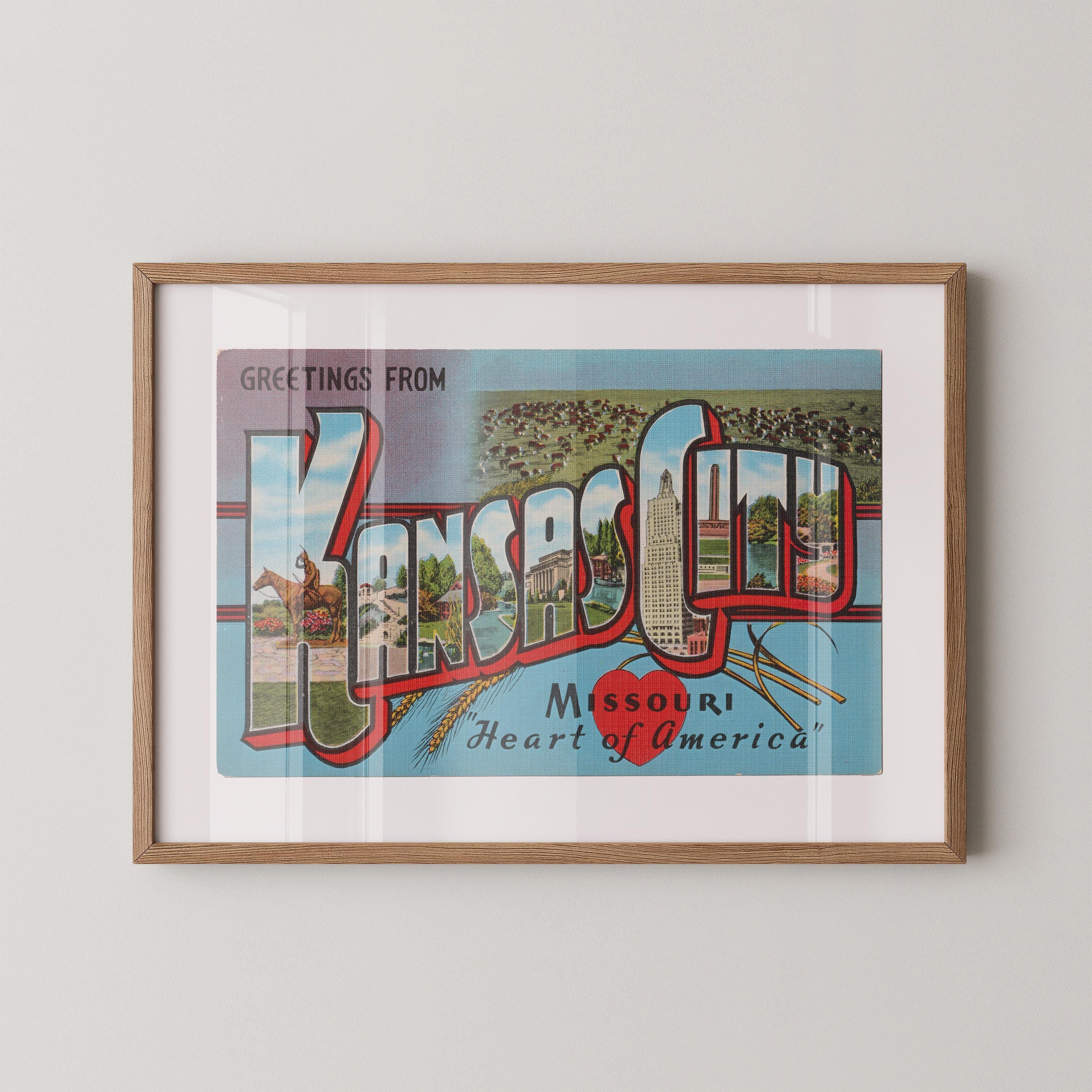 Vintage "Greetings from Kansas City" large letter postcard print, with oversized vintage-style block letters spelling KANSAS CITY filled with nostalgic scenic snapshots, celebrating Kansas City as a classic American city travel keepsake. Printed as a giclée fine art print on archival matte paper.