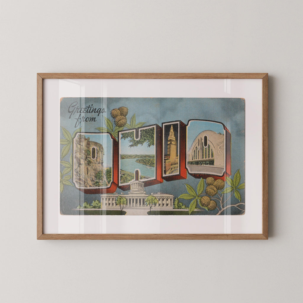 Vintage "Greetings from Ohio" large letter postcard print, with oversized vintage-style block letters spelling OHIO filled with nostalgic scenic snapshots, celebrating Ohio as a U.S. state travel keepsake. Printed as a giclée fine art print on archival matte paper.