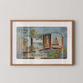 Vintage "Greetings from Ohio" large letter postcard print, with oversized vintage-style block letters spelling OHIO filled with nostalgic scenic snapshots, celebrating Ohio as a U.S. state travel keepsake. Printed as a giclée fine art print on archival matte paper.