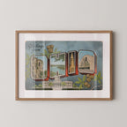 Vintage "Greetings from Ohio" large letter postcard print, with oversized vintage-style block letters spelling OHIO filled with nostalgic scenic snapshots, celebrating Ohio as a U.S. state travel keepsake. Printed as a giclée fine art print on archival matte paper.