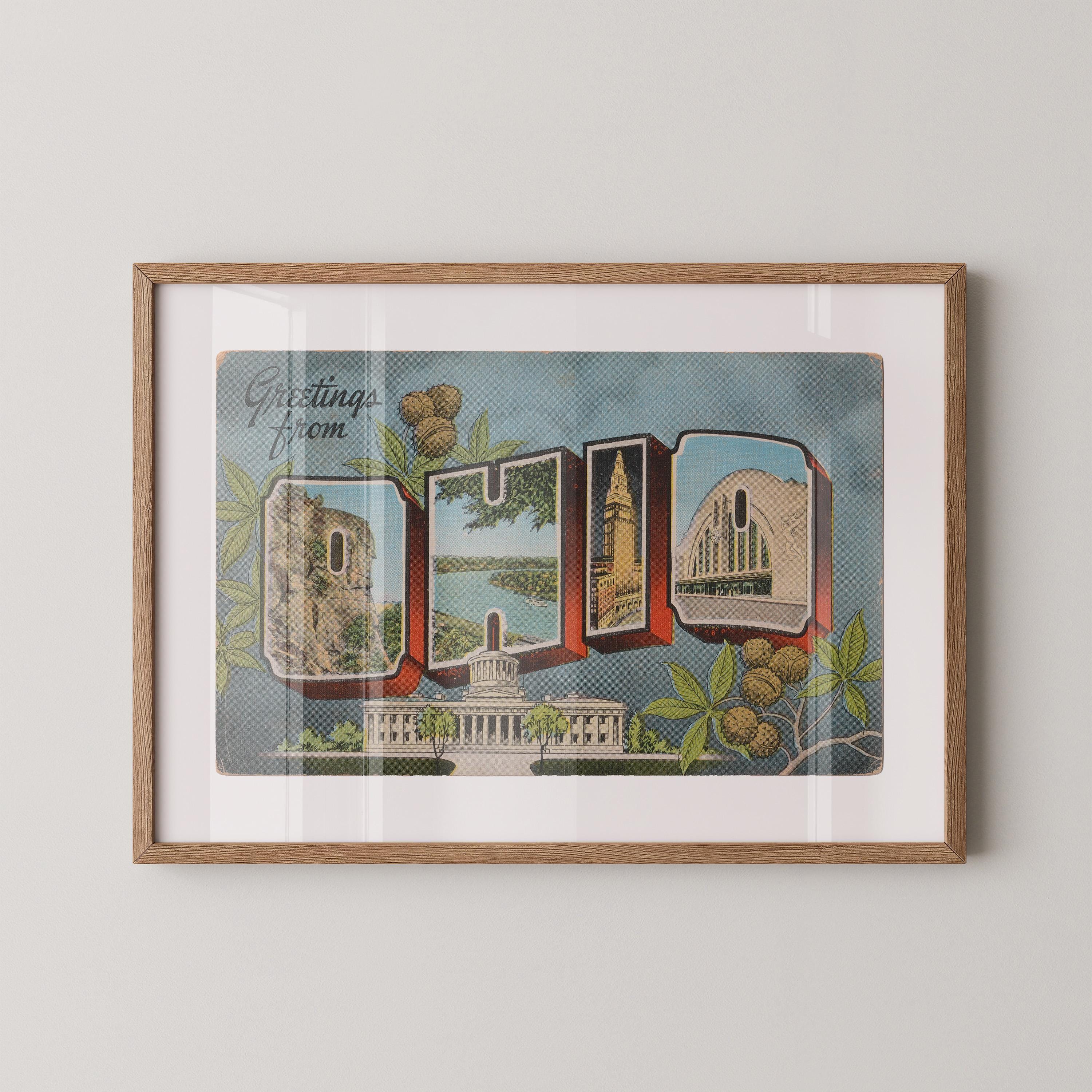 Vintage "Greetings from Ohio" large letter postcard print, with oversized vintage-style block letters spelling OHIO filled with nostalgic scenic snapshots, celebrating Ohio as a U.S. state travel keepsake. Printed as a giclée fine art print on archival matte paper.