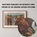 Vintage landscape postcard print of the Grand Canyon of the Yellowstone, showing its golden-hued cliffs above the rushing river, Yellowstone National Park. Printed as a giclée fine art print on archival matte paper.