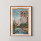 Vintage landscape postcard print of El Capitan's massive granite monolith rising above Yosemite Valley, Yosemite National Park. Printed as a giclée fine art print on archival matte paper.