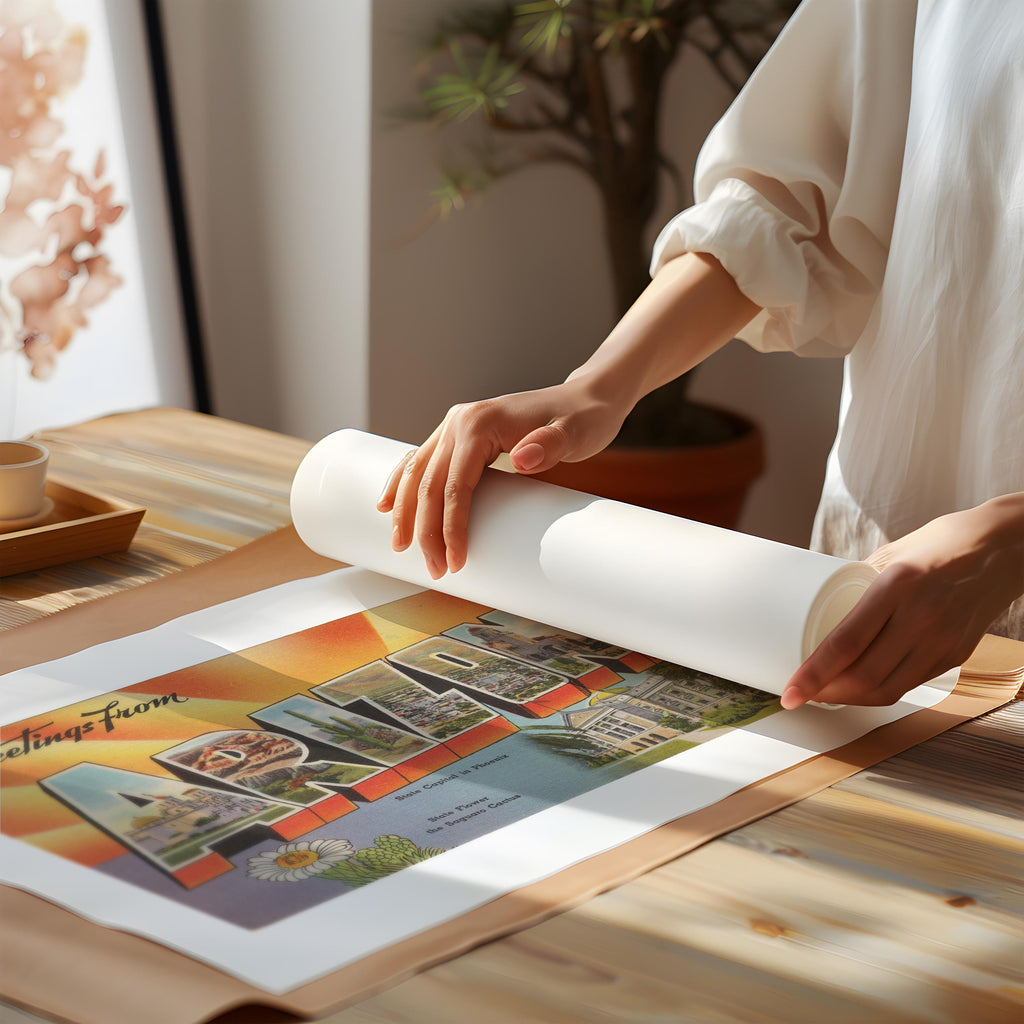 Vintage "Greetings from Arizona" large letter postcard print, with oversized vintage-style block letters spelling ARIZONA filled with nostalgic scenic snapshots, celebrating Arizona as a U.S. state travel keepsake. Printed as a giclée fine art print on archival matte paper.