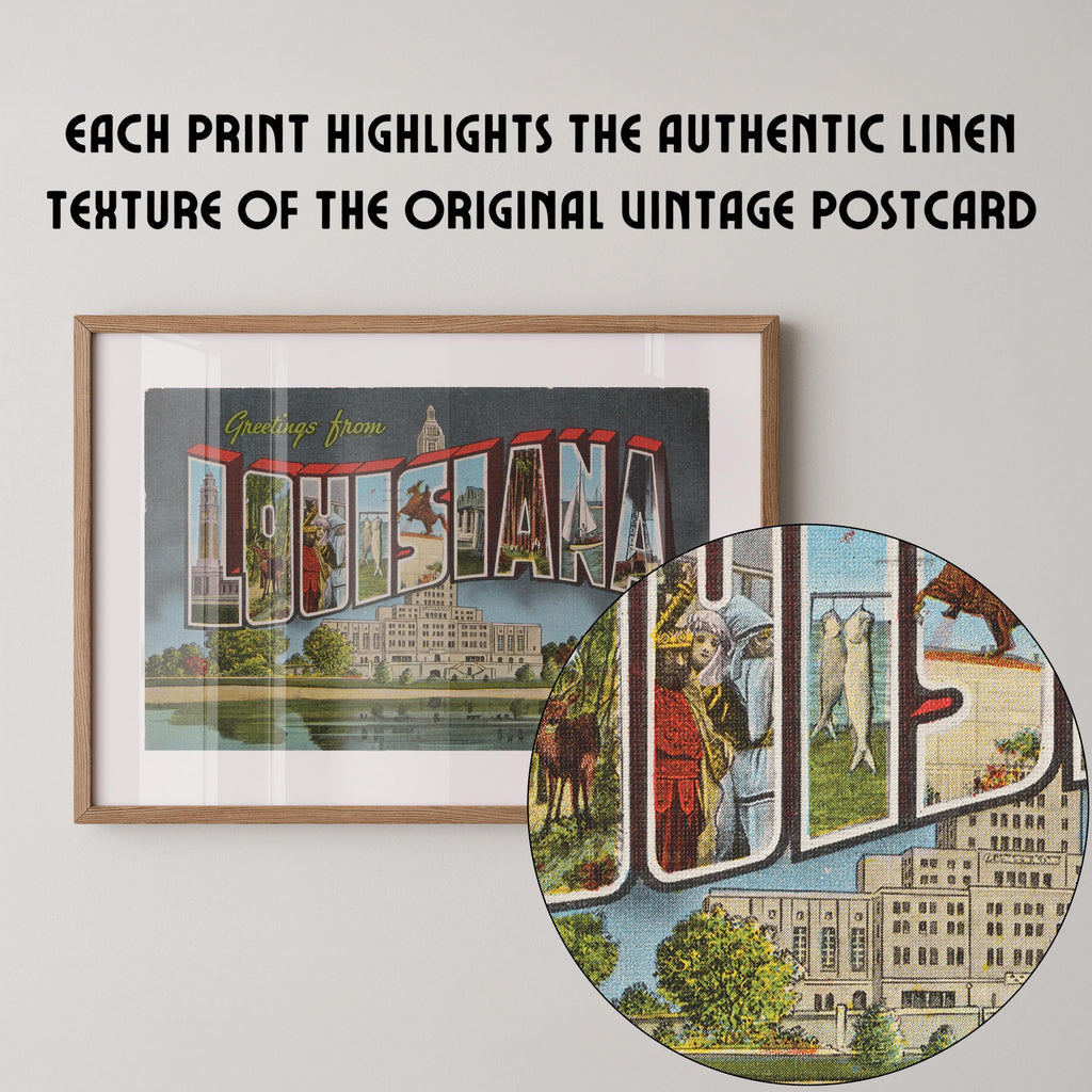 Vintage "Greetings from Louisiana" large letter postcard print, with oversized vintage-style block letters spelling LOUISIANA filled with nostalgic scenic snapshots, celebrating Louisiana as a U.S. state travel keepsake. Printed as a giclée fine art print on archival matte paper.