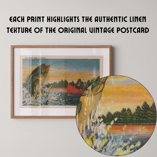 Kitschy vintage postcard print of an oversized, exaggerated fish, in the playful tall-tale style of classic mid-century fishing postcards. Printed as a giclée fine art print on archival matte paper.