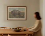 Vintage wildlife postcard print of a buffalo grazing on the open grasslands of the Great Plains. Printed as a giclée fine art print on archival matte paper.