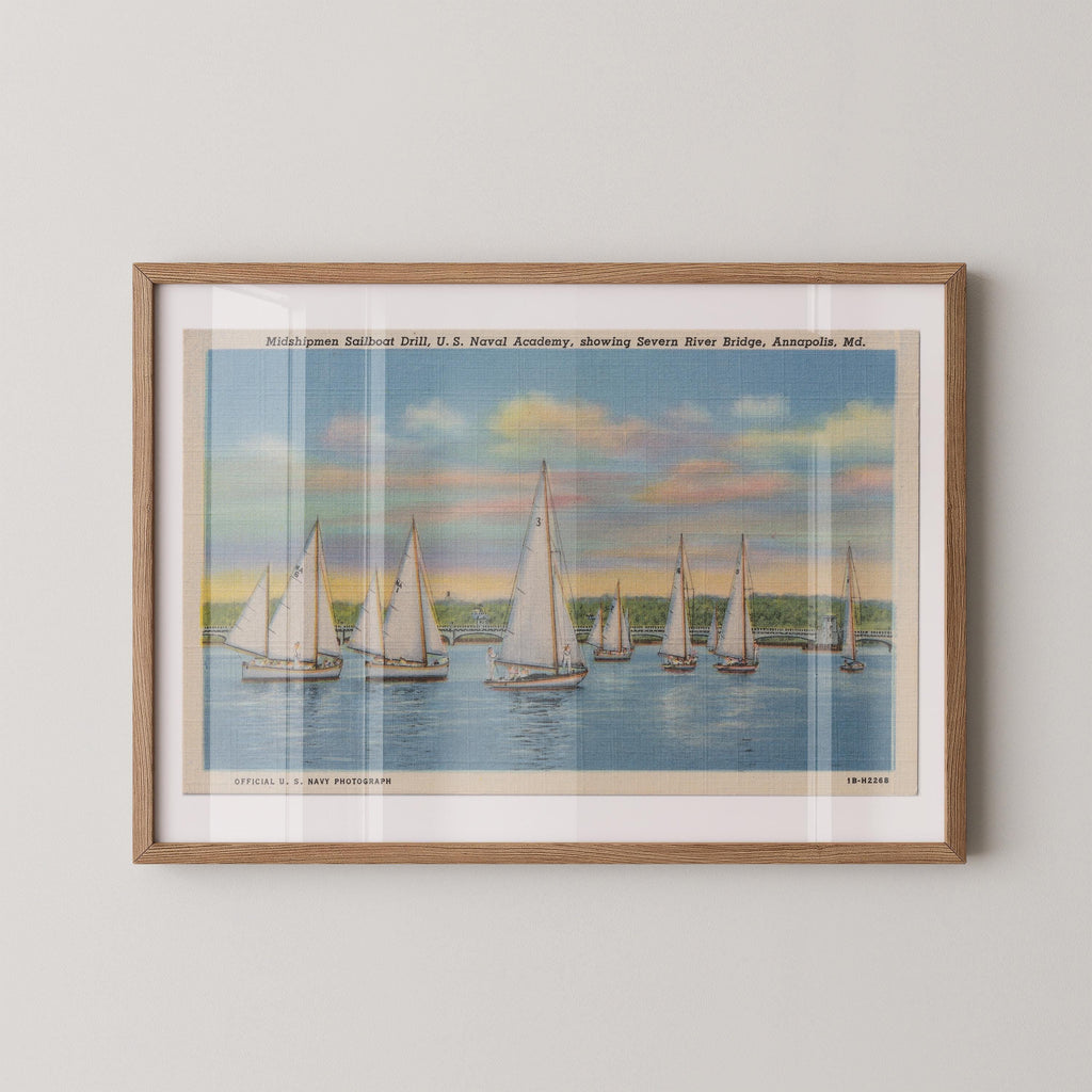 Vintage landscape postcard print of sailboats gliding across the Severn River in Annapolis, Maryland. Printed as a giclée fine art print on archival matte paper.
