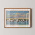 Vintage landscape postcard print of sailboats gliding across the Severn River in Annapolis, Maryland. Printed as a giclée fine art print on archival matte paper.