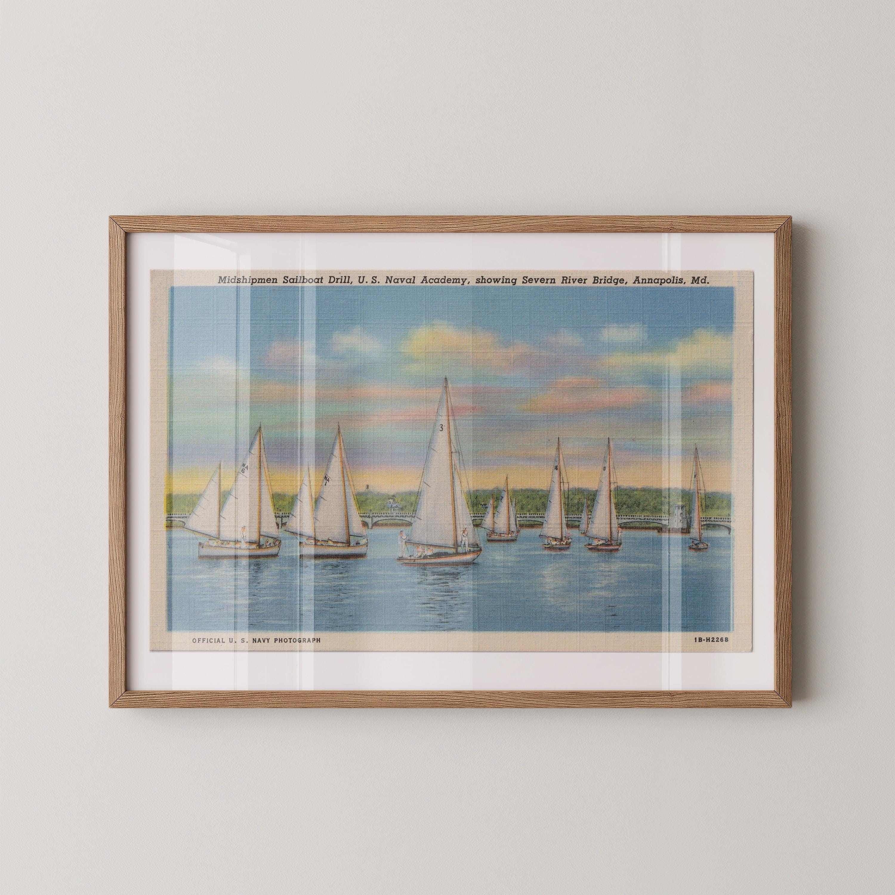 Vintage landscape postcard print of sailboats gliding across the Severn River in Annapolis, Maryland. Printed as a giclée fine art print on archival matte paper.