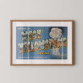 Vintage "Greetings from West Yellowstone" large letter postcard print, with oversized vintage-style block letters spelling WEST YELLOWSTONE filled with nostalgic scenic snapshots, celebrating West Yellowstone as a classic American city travel keepsake. Printed as a giclée fine art print on archival matte paper.