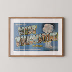 Vintage "Greetings from West Yellowstone" large letter postcard print, with oversized vintage-style block letters spelling WEST YELLOWSTONE filled with nostalgic scenic snapshots, celebrating West Yellowstone as a classic American city travel keepsake. Printed as a giclée fine art print on archival matte paper.