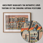 Vintage "Greetings from Lake Norfork in the Ozarks" large letter postcard print, with oversized vintage-style block letters spelling LAKE NORFORK IN THE OZARKS filled with nostalgic scenic snapshots, celebrating Lake Norfork in the Ozarks as a beloved travel destination. Printed as a giclée fine art print on archival matte paper.