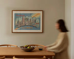 Vintage "Greetings from Chicago" large letter postcard print, with oversized vintage-style block letters spelling CHICAGO filled with nostalgic scenic snapshots, celebrating Chicago as a classic American city travel keepsake. Printed as a giclée fine art print on archival matte paper.