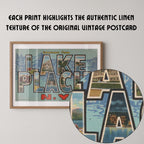 Vintage "Greetings from Lake Placid" large letter postcard print, with oversized vintage-style block letters spelling LAKE PLACID filled with nostalgic scenic snapshots, celebrating Lake Placid as a classic American city travel keepsake. Printed as a giclée fine art print on archival matte paper.