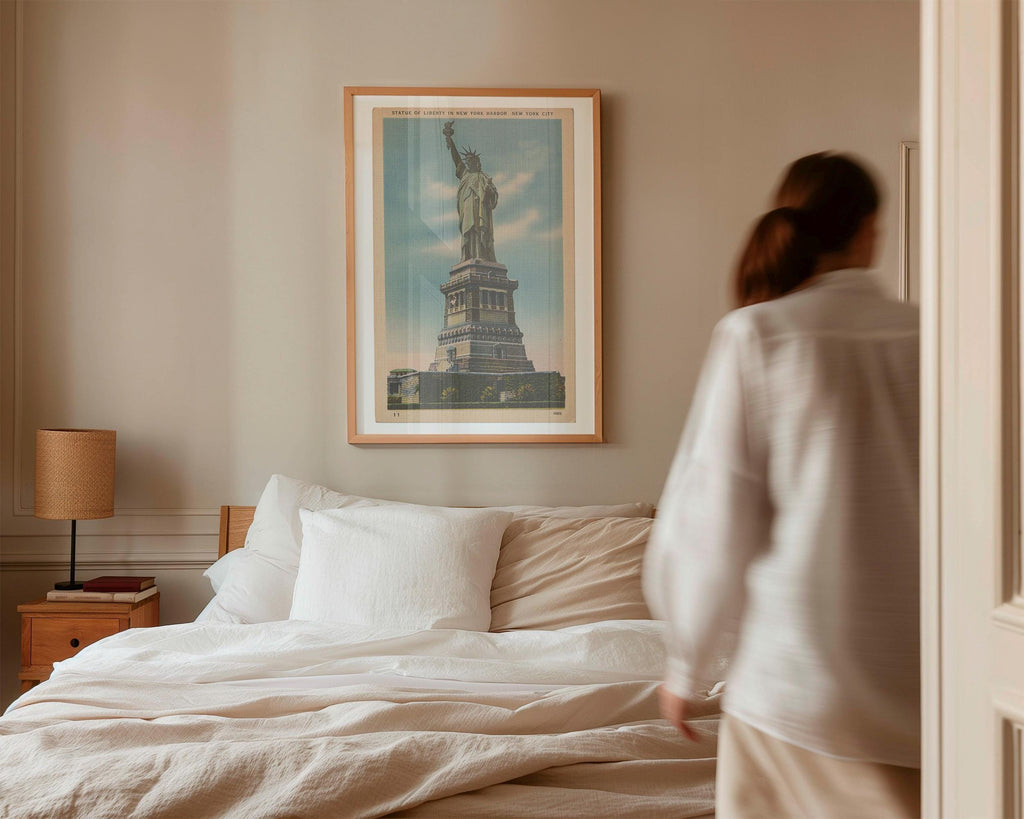 Vintage illustrated postcard print of the Statue of Liberty standing tall in New York Harbor. Printed as a giclée fine art print on archival matte paper.
