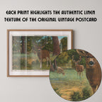 Vintage wildlife illustration postcard print of a deer standing alert among tall trees in a wooded forest scene. Printed as a giclée fine art print on archival matte paper.