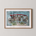 Vintage "Greetings from Oklahoma" large letter postcard print, with oversized vintage-style block letters spelling OKLAHOMA filled with nostalgic scenic snapshots, celebrating Oklahoma as a U.S. state travel keepsake. Printed as a giclée fine art print on archival matte paper.