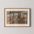 Vintage "Greetings from Hollywood" large letter postcard print, with oversized vintage-style block letters spelling HOLLYWOOD filled with nostalgic scenic snapshots, celebrating Hollywood as a classic American city travel keepsake. Printed as a giclée fine art print on archival matte paper.
