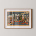Vintage "Greetings from Hollywood" large letter postcard print, with oversized vintage-style block letters spelling HOLLYWOOD filled with nostalgic scenic snapshots, celebrating Hollywood as a classic American city travel keepsake. Printed as a giclée fine art print on archival matte paper.