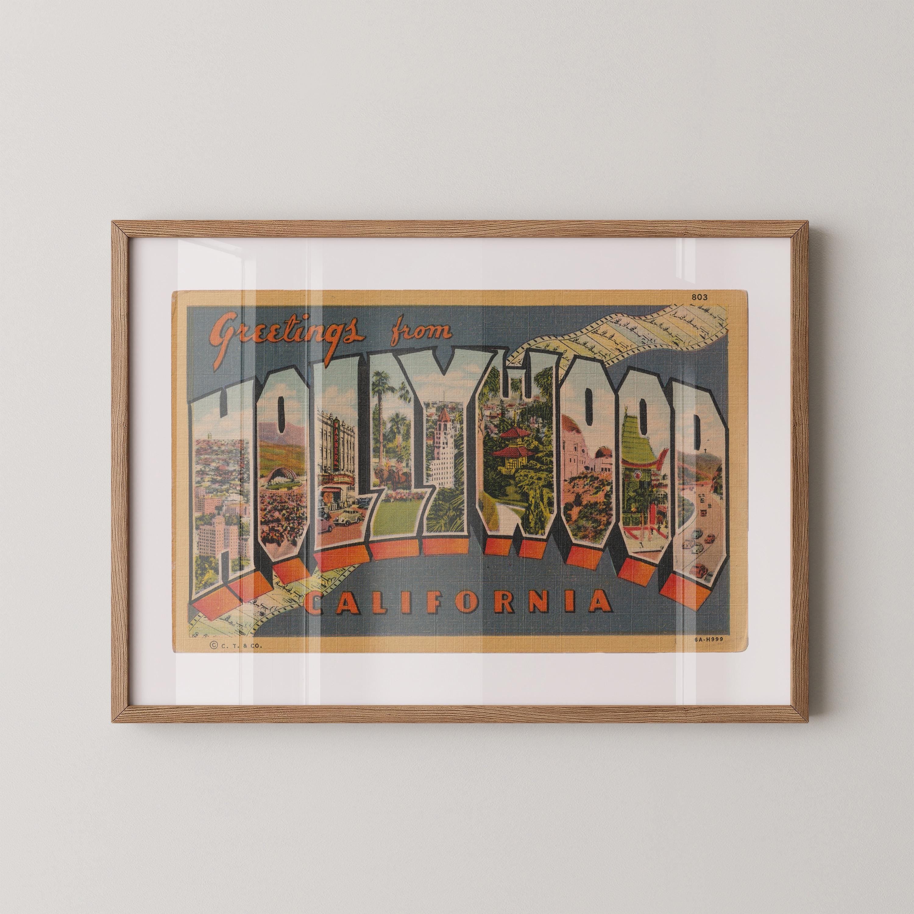 Vintage "Greetings from Hollywood" large letter postcard print, with oversized vintage-style block letters spelling HOLLYWOOD filled with nostalgic scenic snapshots, celebrating Hollywood as a classic American city travel keepsake. Printed as a giclée fine art print on archival matte paper.