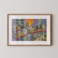 Vintage "Greetings from South Carolina" large letter postcard print, with oversized vintage-style block letters spelling SOUTH CAROLINA filled with nostalgic scenic snapshots, celebrating South Carolina as a U.S. state travel keepsake. Printed as a giclée fine art print on archival matte paper.