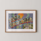 Vintage "Greetings from South Carolina" large letter postcard print, with oversized vintage-style block letters spelling SOUTH CAROLINA filled with nostalgic scenic snapshots, celebrating South Carolina as a U.S. state travel keepsake. Printed as a giclée fine art print on archival matte paper.