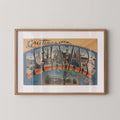 Vintage "Greetings from Delaware" large letter postcard print, with oversized vintage-style block letters spelling DELAWARE filled with nostalgic scenic snapshots, celebrating Delaware as a U.S. state travel keepsake. Printed as a giclée fine art print on archival matte paper.