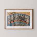 Vintage "Greetings from Delaware" large letter postcard print, with oversized vintage-style block letters spelling DELAWARE filled with nostalgic scenic snapshots, celebrating Delaware as a U.S. state travel keepsake. Printed as a giclée fine art print on archival matte paper.