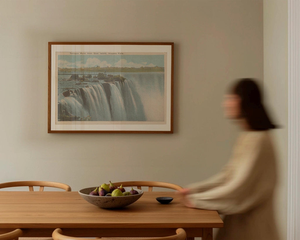Vintage landscape postcard print of Niagara Falls' powerful cascade and rising mist. Printed as a giclée fine art print on archival matte paper.